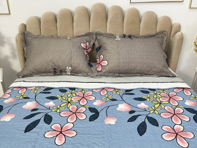 Cuvertura pat dublu cu doua fete din bumbac satinat 3 PIESE Grej-Multicolor, flori