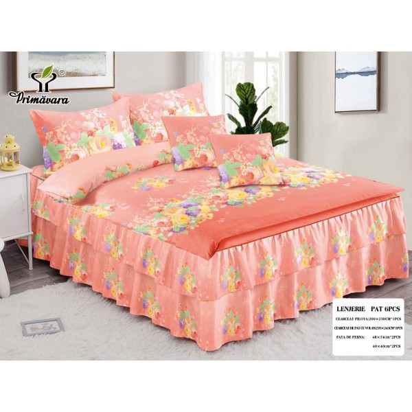 Lenjerie pat dublu,  FINET, 6 piese, cu VOLANASE, Roz-Multicolor, flori [1]