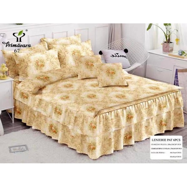 Lenjerie pat dublu,  FINET, 6 piese, cu VOLANASE, Bej, flori [1]
