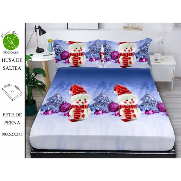 Cearsaf cu elastic tip husa din FINET pentru saltea 180x200+25cm si doua fete de perna 52x80cm, Elegant Home Pucioasa, Mos Craciun, Albastru-Rosu [1]