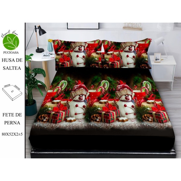 Cearsaf cu elastic tip husa din FINET pentru saltea 180x200+25cm si doua fete de perna 52x80cm, Elegant Home Pucioasa, Mos Craciun, Rosu-Verde [1]
