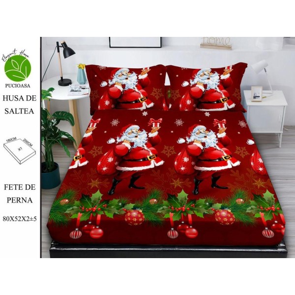 Cearsaf cu elastic tip husa din FINET pentru saltea 180x200+25cm si doua fete de perna 52x80cm, Elegant Home Pucioasa, Mos Craciun, Rosu-Verde [1]