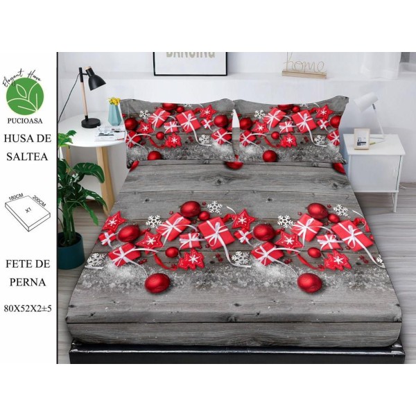 Cearsaf cu elastic tip husa din FINET pentru saltea 180x200+25cm si doua fete de perna 52x80cm, Elegant Home Pucioasa, Mos Craciun, Rosu-Gri [1]
