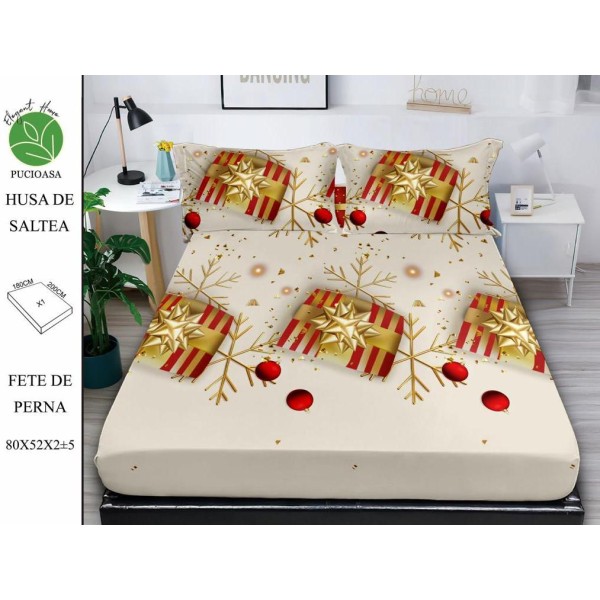 Cearsaf cu elastic tip husa din FINET pentru saltea 180x200+25cm si doua fete de perna 52x80cm, Elegant Home Pucioasa, Mos Craciun, Bej-Auriu [1]