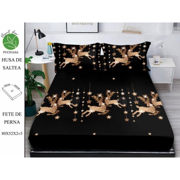Cearsaf cu elastic tip husa din FINET pentru saltea 180x200+25cm si doua fete de perna 52x80cm, Elegant Home Pucioasa, Mos Craciun, Negru-Auriu [1]