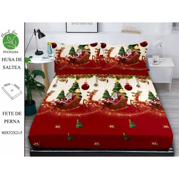 Cearsaf cu elastic tip husa din FINET pentru saltea 180x200+25cm si doua fete de perna 52x80cm, Elegant Home Pucioasa, Mos Craciun, Rosu-Crem [1]
