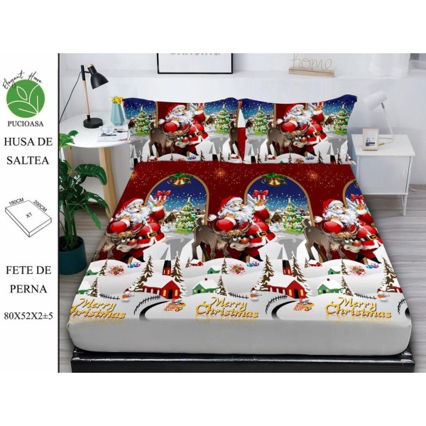 Cearsaf cu elastic tip husa din FINET pentru saltea 180x200+25cm si doua fete de perna 52x80cm, Elegant Home Pucioasa, Mos Craciun, Multicolor [1]