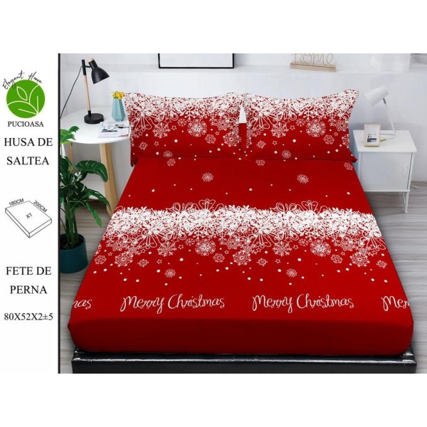 Cearsaf cu elastic tip husa din FINET pentru saltea 180x200+25cm si doua fete de perna 52x80cm, Elegant Home Pucioasa, Mos Craciun, Rosu [1]