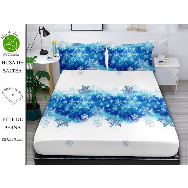 Cearsaf cu elastic tip husa din FINET pentru saltea 180x200+25cm si doua fete de perna 52x80cm, Elegant Home Pucioasa, Mos Craciun, Alb-Albastru [1]