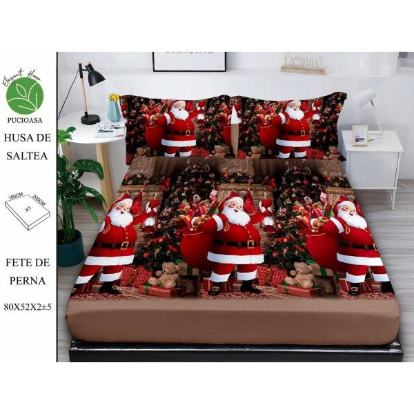 Cearsaf cu elastic tip husa din FINET pentru saltea 180x200+25cm si doua fete de perna 52x80cm, Elegant Home Pucioasa, Mos Craciun, Rosu-Maro [1]