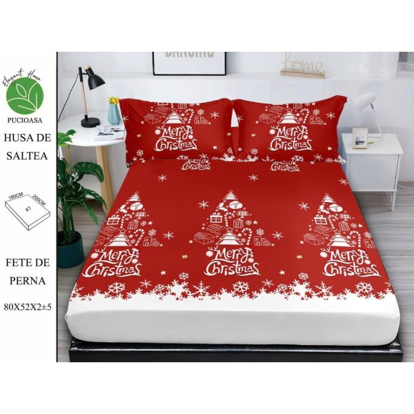 Cearsaf cu elastic tip husa din FINET pentru saltea 180x200+25cm si doua fete de perna 52x80cm, Elegant Home Pucioasa, Mos Craciun, Alb-Rosu [1]