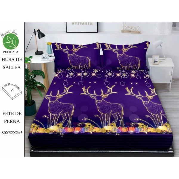 Cearsaf cu elastic tip husa din FINET pentru saltea 180x200+25cm si doua fete de perna 52x80cm, Elegant Home Pucioasa, Mos Craciun, Mov [1]