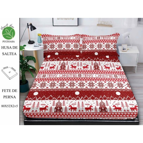 Cearsaf cu elastic tip husa din FINET pentru saltea 180x200+25cm si doua fete de perna 52x80cm, Elegant Home Pucioasa, Mos Craciun, Alb-Visiniu [1]