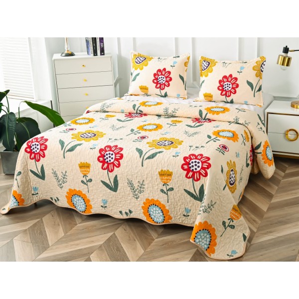 Cuvertura pat dublu din Bumbac Satinat Superior, 3 PIESE, Crem-Multicolor, flori [1]