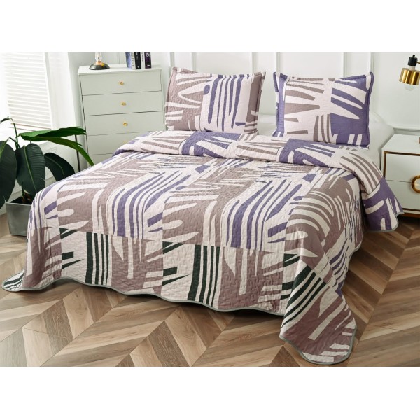 Cuvertura pat dublu din Bumbac Satinat Superior, 3 PIESE, Crem-Multicolor, model clasic [1]