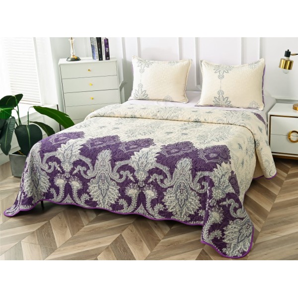 Cuvertura pat dublu din Bumbac Satinat Superior, 3 PIESE, Crem-Mov, model elegant [1]