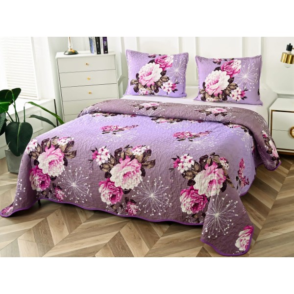 Cuvertura pat dublu din Bumbac Satinat Superior, 3 PIESE, Mov, flori [1]