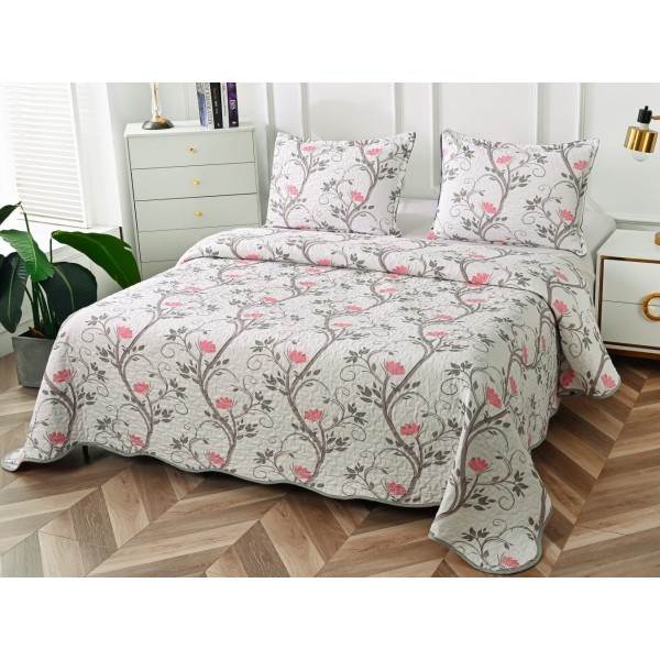 Cuvertura pat dublu din Bumbac Satinat Superior, 3 PIESE, Gri-Roz, crengute [1]