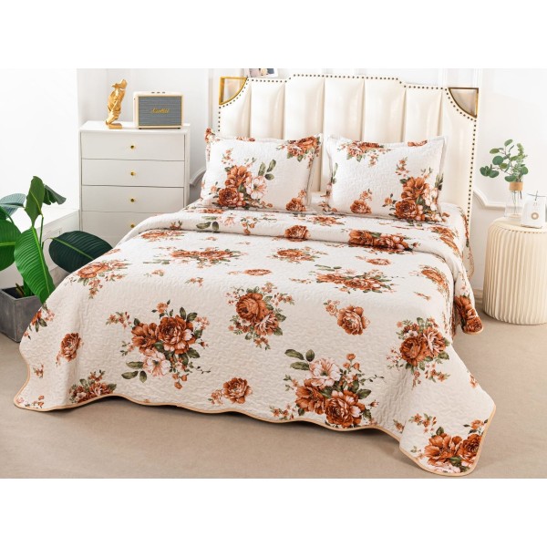 Cuvertura pat dublu din Bumbac Satinat Superior, 3 PIESE, Bej-Maro, flori [1]
