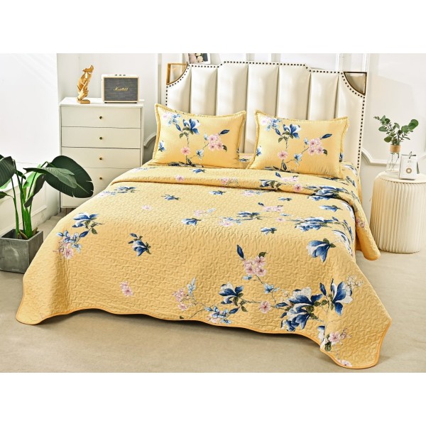 Cuvertura pat dublu din Bumbac Satinat Superior, 3 PIESE, Galben-Albastru, flori [1]
