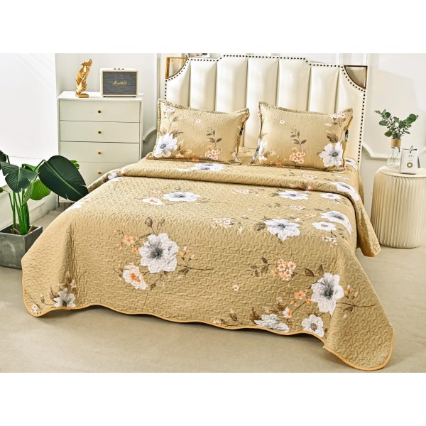 Cuvertura pat dublu din Bumbac Satinat Superior, 3 PIESE, Bej-Alb, flori [1]