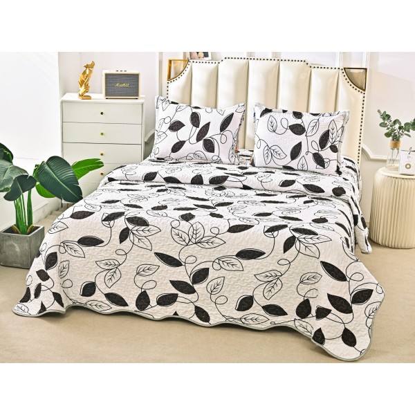 Cuvertura pat dublu din Bumbac Satinat Superior, 3 PIESE, Crem-Negru, frunze [1]