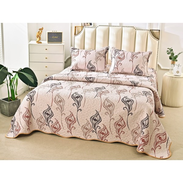 Cuvertura pat dublu din Bumbac Satinat Superior, 3 PIESE, Bej-Maro, flori [1]