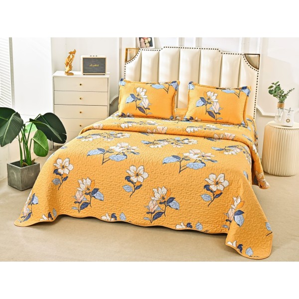 Cuvertura pat dublu din Bumbac Satinat Superior, 3 PIESE, Galben-Albastru, flori [1]