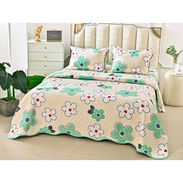 Cuvertura pat dublu din Bumbac Satinat Superior, 3 PIESE, Crem-Verde, flori [1]