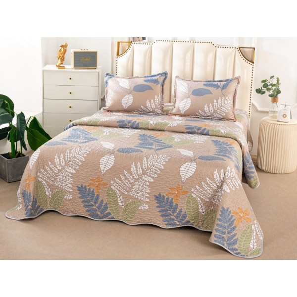 Cuvertura pat dublu din Bumbac Satinat Superior, 3 PIESE, Multicolor, frunze [1]