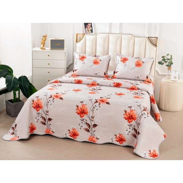 Cuvertura pat dublu din Bumbac Satinat Superior, 3 PIESE, Gri-Rosu, flori [1]