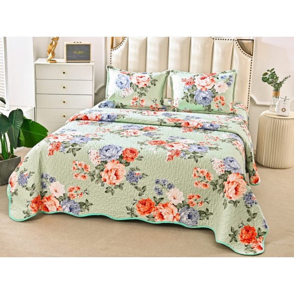 Cuvertura pat dublu din Bumbac Satinat Superior, 3 PIESE, Verde-Multicolor, flori [1]