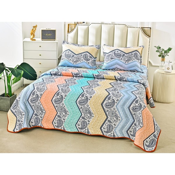 Cuvertura pat dublu din Bumbac Satinat Superior, 3 PIESE, Multicolor, Zig Zag [1]
