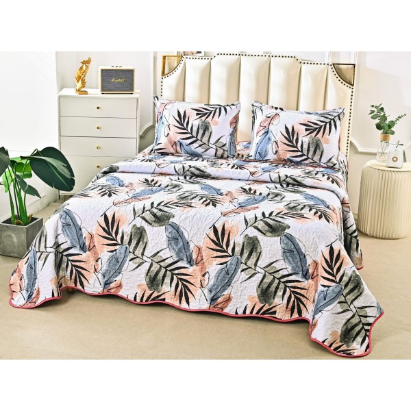Cuvertura pat dublu din Bumbac Satinat Superior, 3 PIESE, Crem-Multicolor, frunze [1]