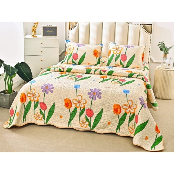 Cuvertura pat dublu din Bumbac Satinat Superior, 3 PIESE, Crem-Multicolor, lalele [1]
