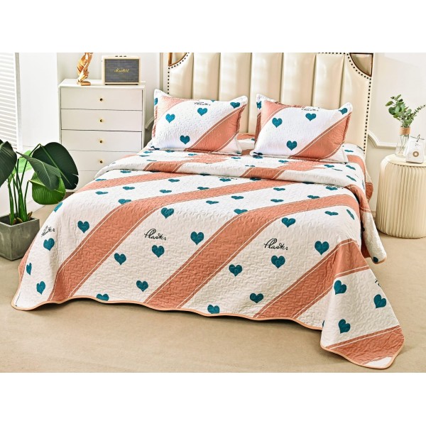 Cuvertura pat dublu din Bumbac Satinat Superior, 3 PIESE, Turquoise-Maro, inimioare [1]