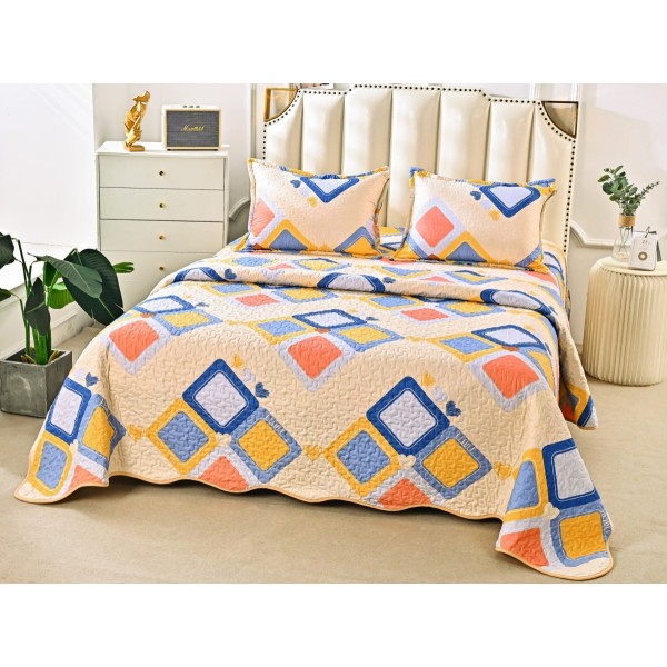 Cuvertura pat dublu din Bumbac Satinat Superior, 3 PIESE, Multicolor, romburi, inimioare [1]