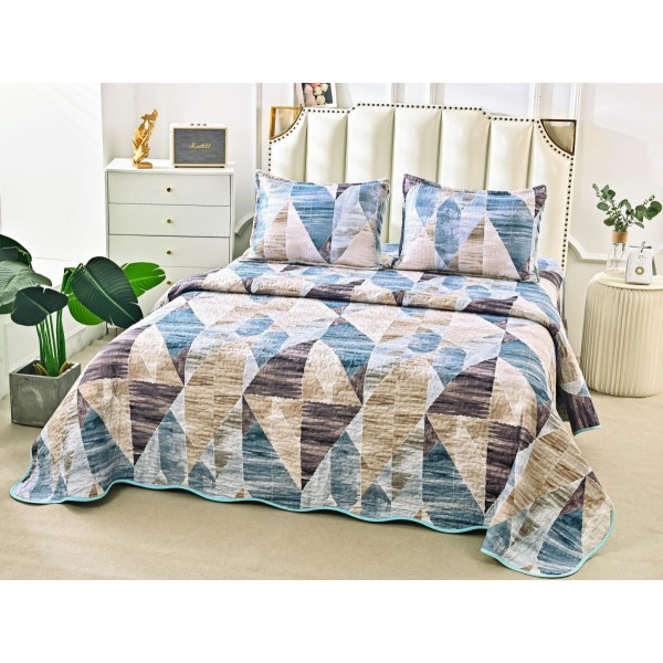 Cuvertura pat dublu din Bumbac Satinat Superior, 3 PIESE, Bleu-Bej, abstract [1]