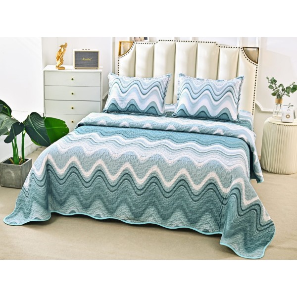 Cuvertura pat dublu din Bumbac Satinat Superior, 3 PIESE, Bleu-Turquoise, abstract [1]