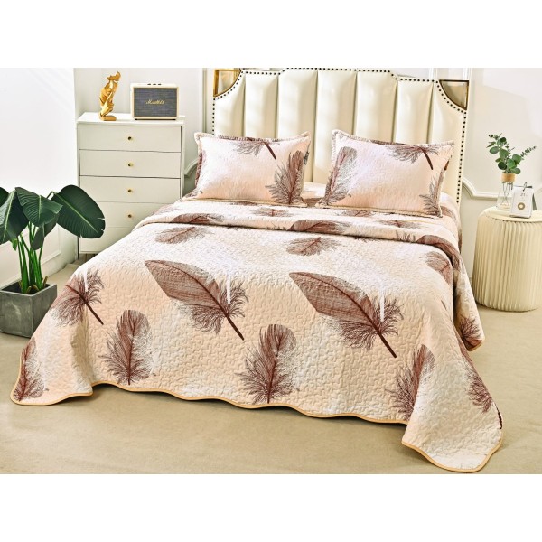 Cuvertura pat dublu din Bumbac Satinat Superior, 3 PIESE, Bej, pene [1]