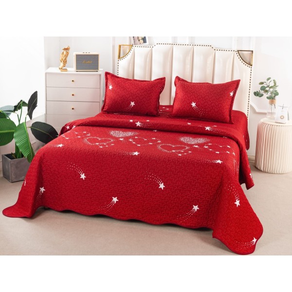 Cuvertura pat dublu din Bumbac Satinat Superior, 3 PIESE, Rosu-Alb, inimioare, stelute [1]