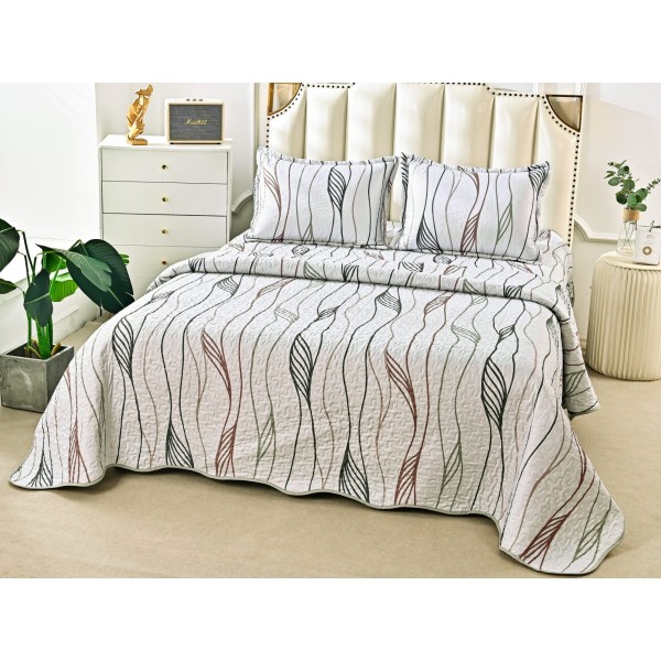 Cuvertura pat dublu din Bumbac Satinat Superior, 3 PIESE, Gri-Bej, abstract [1]