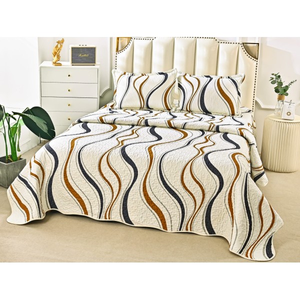 Cuvertura pat dublu din Bumbac Satinat Superior, 3 PIESE, Bej-Maro, abstract [1]