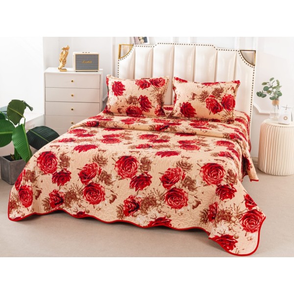 Cuvertura pat dublu din Bumbac Satinat Superior, 3 PIESE, Crem-Rosu, trandafiri [1]