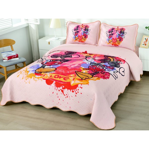 Cuvertura pat dublu, din bumbac tip finet, Identica cu Poza, 3 PIESE, Rosu, Mickey&Minnie Mouse [1]