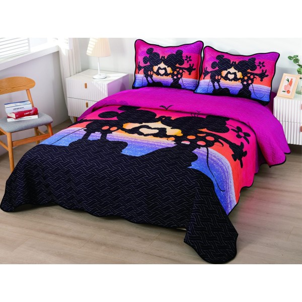 Cuvertura pat dublu, din bumbac tip finet, Identica cu Poza, 3 PIESE, Roz, Mickey&Minnie Mouse [1]