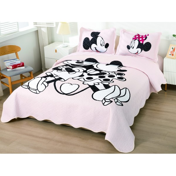 Cuvertura pat dublu, din bumbac tip finet, Identica cu Poza, 3 PIESE, Alb, Mickey&Minnie Mouse [1]