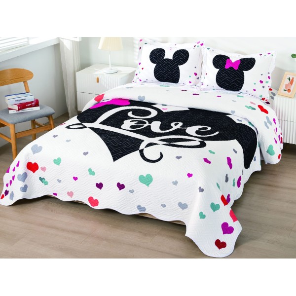 Cuvertura pat dublu, din bumbac tip finet, Identica cu Poza, 3 PIESE, Alb, Mickey&Minnie Mouse, inimioare [1]