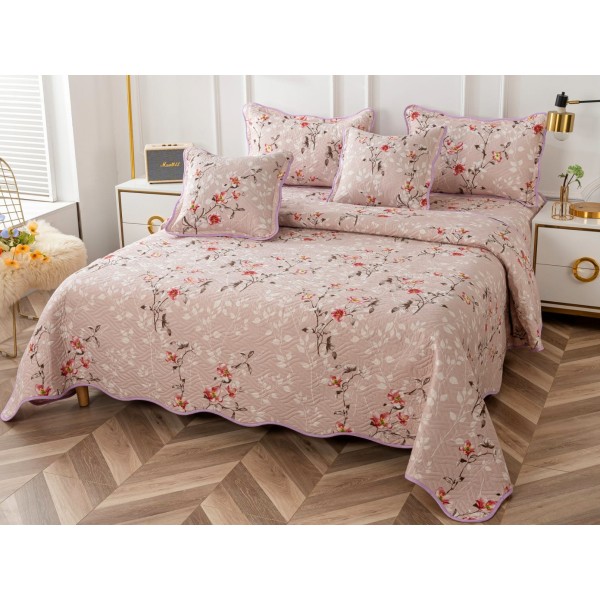 Cuvertura pat dublu din Bumbac Finet, 5 PIESE, Crem-Roz, flori [1]