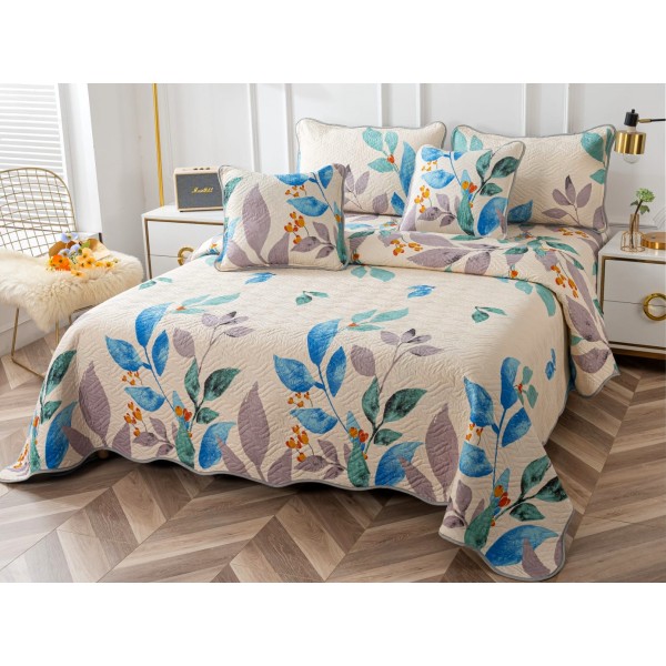 Cuvertura pat dublu din Bumbac Finet, 5 PIESE, Crem-Multicolor, frunze [1]